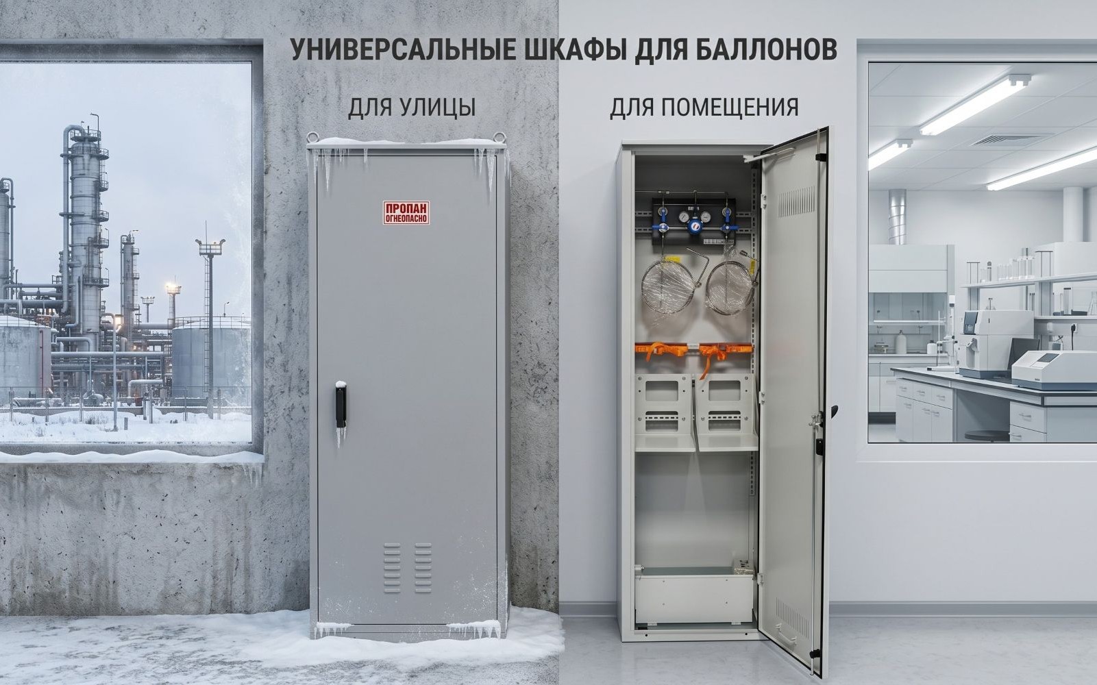 Шкаф ШГБЛ-2 в помещении и утепленный шкаф ШГБУ-2 на улице зимой